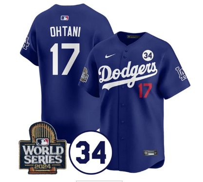 Men's Los Angeles Dodgers #17 Shohei Ohtani Royal 2024 World Series With No. 34 Patch Cool Base Stitched Baseball Jersey