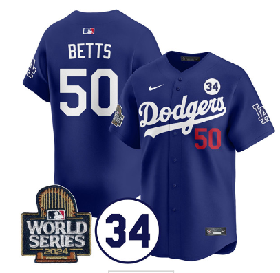 Men's Los Angeles Dodgers #50 Mookie Betts Royal 2024 World Series With No. 34 Patch Cool Base Stitched Baseball Jersey