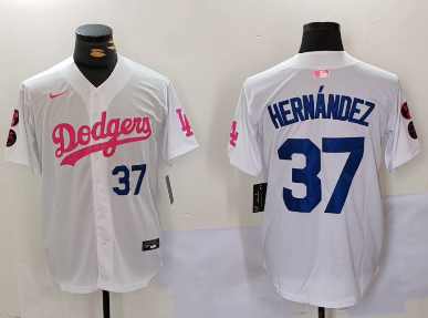 Men's Los Angeles Dodgers #37 Teoscar Hernández White Pink   Stitched Baseball Jerseys