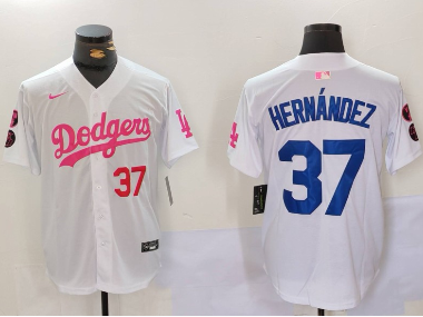 Men's Los Angeles Dodgers #37 Teoscar Hernández White Pink   Stitched Baseball Jerseys