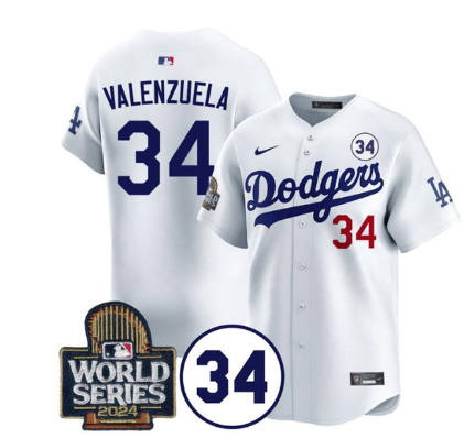 Men's Los Angeles Dodgers #34 Toro Valenzuela White 2024 World Series With No. 34 Patch Limited Stitched Baseball Jersey