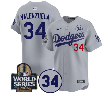 Men's Los Angeles Dodgers #34 Toro Valenzuela Gray 2024 World Series With No. 34 Patch Limited Stitched Baseball Jersey