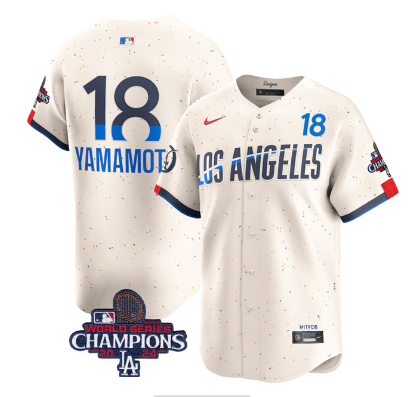 Men's Los Angeles Dodgers #18 Yoshinobu Yamamoto Cream 2024 World Series Champions City Connect Limited Stitched Baseball Jersey