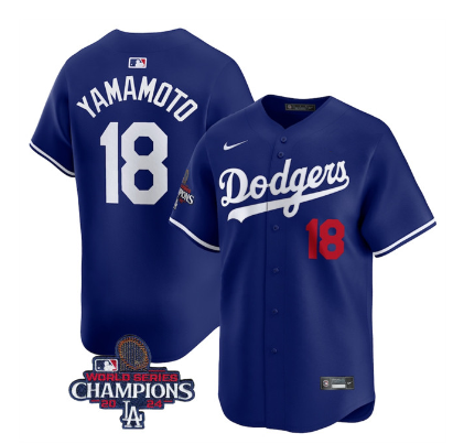 Men's Los Angeles Dodgers #18 Yoshinobu Yamamoto Royal 2024 World Series Champions Alternate Limited Stitched Baseball Jersey