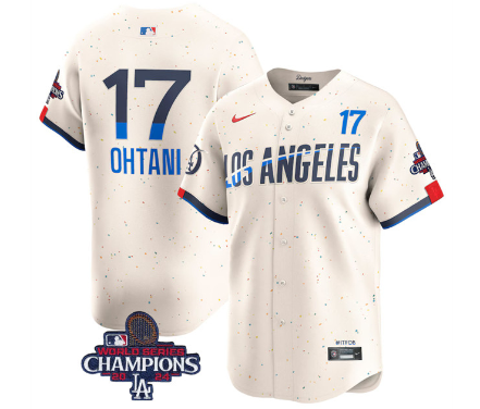 Men's Los Angeles Dodgers #17 Shohei Ohtani Cream 2024 World Series Champions City Connect Limited Stitched Baseball Jersey