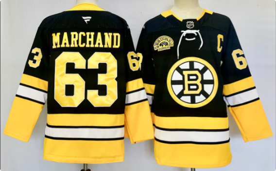 Men's Boston Bruins #63 Brad Marchand Black 100th Anniversary With C Patch Stitched Hockey Jersey