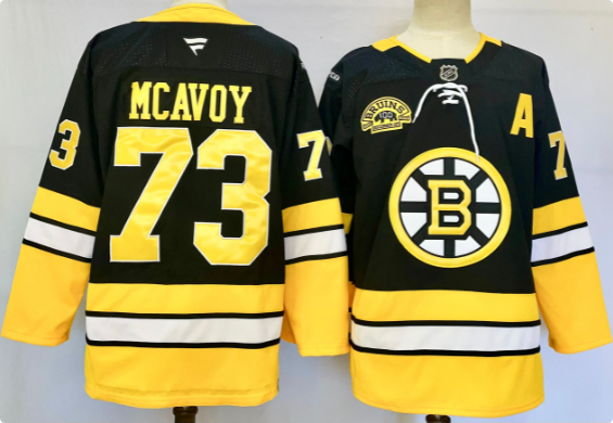 Men's Boston Bruins #73 Charlie McAvoy Black 100th Anniversary With Patch Stitched Hockey Jersey