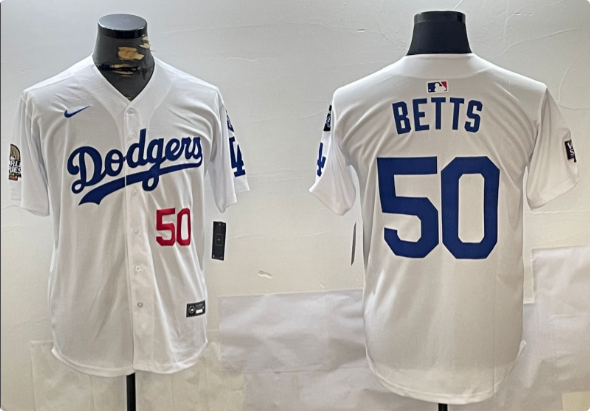 Men's Los Angeles Dodgers #50 Mookie Betts White 2024   Stitched Baseball Jersey