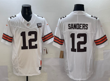 Men's Cleveland Browns #12 Shedeur Sanders White 2025 Draft F.U.S.E. With Jim Brown Memorial & Home Patch Vapor Limited Football Stitched Jersey