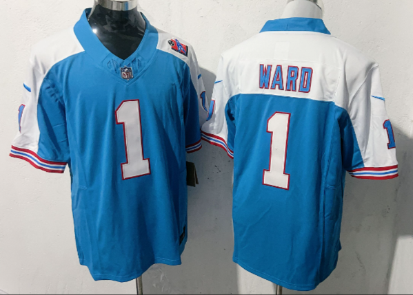Men's Tennessee Titans #1 Cameron Ward Blue White 2025 Draft F.U.S.E. 1997 Throwback Patch Vapor Limited Football Stitched Jersey