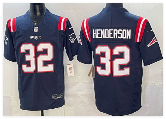 Men's New England Patriots #32 TreVeyon Henderson Navy F.U.S.E. 2025 AFC East Championship Patch Vapor Limited Stitched Football Jersey