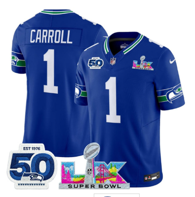Men's Seattle Seahawks #1 Pete Carroll Royal 2025 F.U.S.E. Super Bowl LX Patch And 50th Season Patch Vapor Throwback Limited Football Stitched Jersey