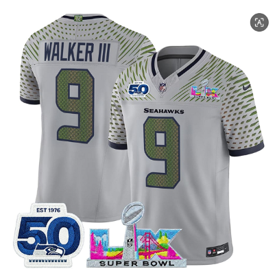 Men's Seattle Seahawks #9 Kenneth Walker III Gray 2025 F.U.S.E. Super Bowl LX Patch And 50th Season Patch “Rivalries” Vapor Limited Football Stitched Jersey