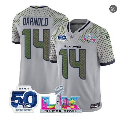 Men's Seattle Seahawks #14 Sam Darnold Gray 2025 F.U.S.E. Super Bowl LX Patch And 50th Season Patch “Rivalries” Vapor Limited Football Stitched Jersey