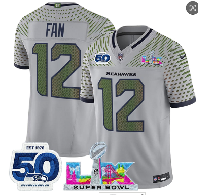 Men's Seattle Seahawks #12 Fan Gray 2025 F.U.S.E. Super Bowl LX Patch And 50th Season Patch “Rivalries” Vapor Limited Football Stitched Jersey