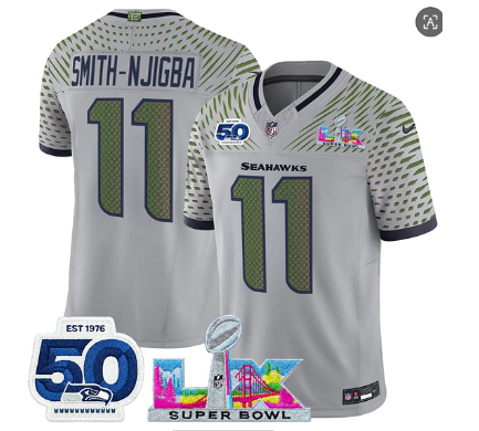 Men's Seattle Seahawks #11 Jaxon Smith-Njigba Gray 2025 F.U.S.E. Super Bowl LX Patch And 50th Season Patch “Rivalries” Vapor Limited Football Stitched Jersey