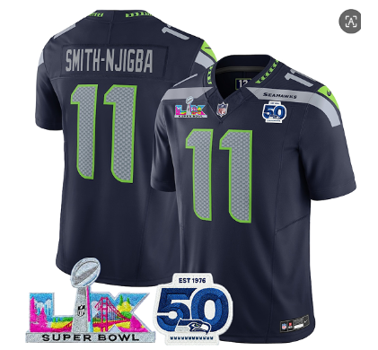 Men's Seattle Seahawks #11 Jaxon Smith-Njigba Navy 2025 F.U.S.E. Super Bowl LX Patch And 50th Season Patch Vapor Limited Football Stitched Jersey