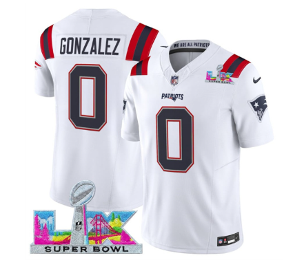Men's New England Patriots #0 Christian Gonzalez White 2025 F.U.S.E. Super Bowl LX Patch Vapor Limited Football Stitched Jersey