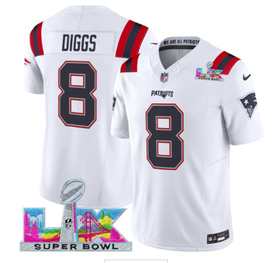 Men's New England Patriots #8 Stefon Diggs White 2025 F.U.S.E. Super Bowl LX Patch Vapor Limited Football Stitched Jersey