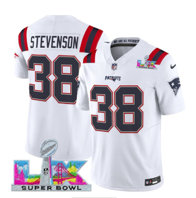 Men's New England Patriots #38 Rhamondre Stevenson White 2025 F.U.S.E. Super Bowl LX Patch Vapor Limited Football Stitched Jersey