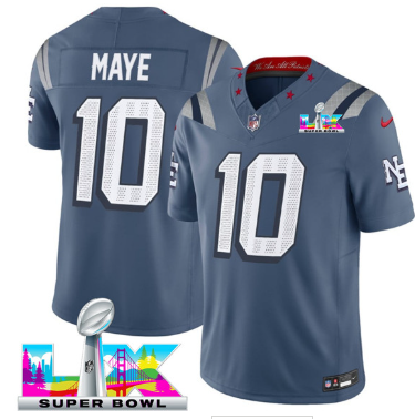 Men's New England Patriots #10 Drake Maye Storm Blue  Super Bowl   Patch “Rivalries” Vapor Limited Football Stitched Jersey