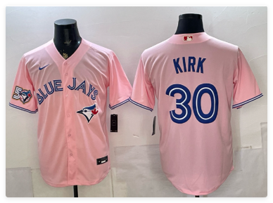 Men's Toronto Blue Jays #30 Alejandro Kirk Pink 50 Seasons Patch Stitched Baseball Jersey