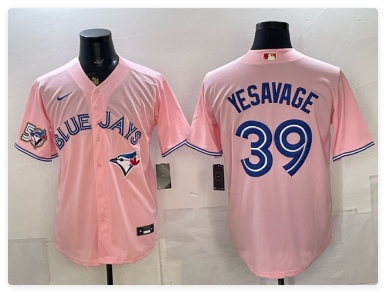 Men's Toronto Blue Jays #39 Trey Yesavage Pink 50 Seasons Patch Stitched Baseball Jersey