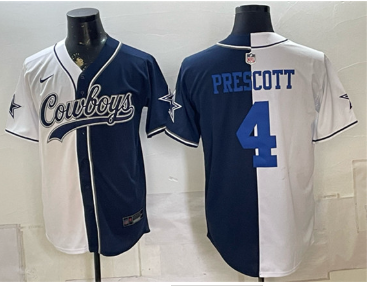 Men's Dallas Cowboys #4 Dak Prescott White Navy Split Stitched Jersey