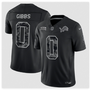 Men's Detroit Lions #0 Jahmyr Gibbs Black F.U.S.E. 2026 Salute to Service Limited Football Stitched Jersey
