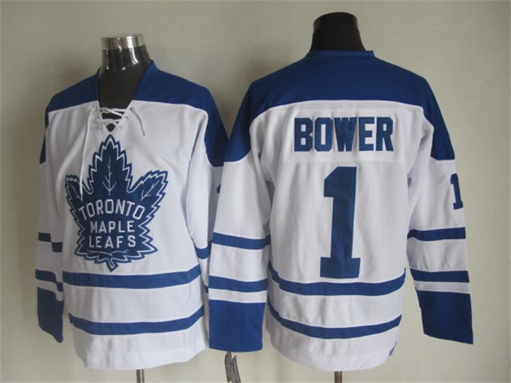 Toronto Maple Leafs 1 Johnny Bower White blue men nhl ice hockey  jerseys