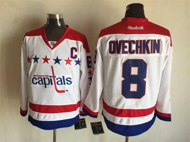 Washington Capitals 8 Alex Ovechkin white CCM ice hockey jersey