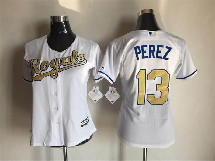 Women Kansas City Royals #13 Salvador Perez Majestic White Gold baseball jersey