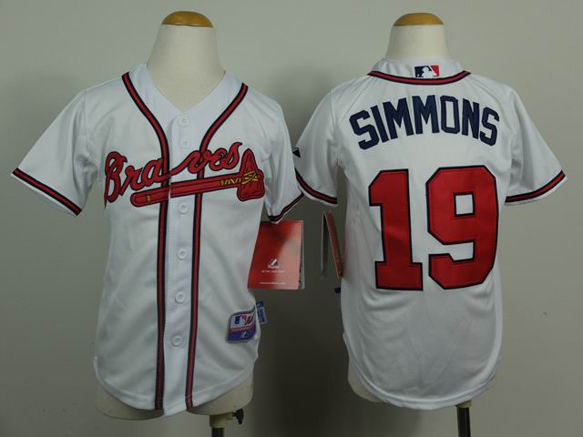 kids Atlanta Braves #19 Andrelton Simmons white mlb baseball jersey