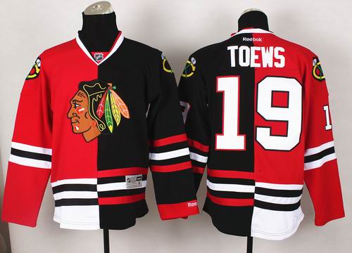 reebok Chicago Blackhawks 19 Jonathan Toews black Red split nhl Jersey