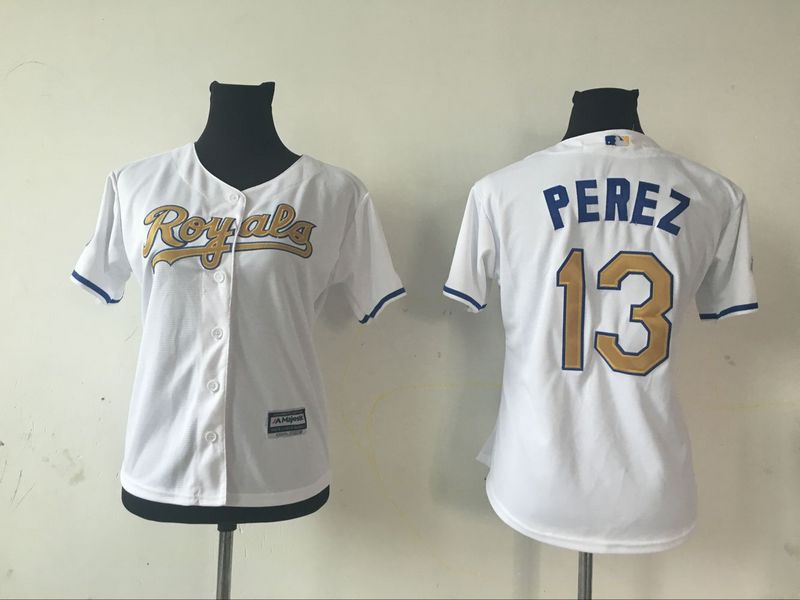 women Kansas City Royals #13 Salvador Perez white gold MLB Jerseys