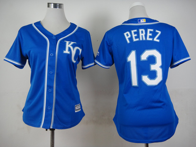 women Kansas City Royals 13 Salvador Perez blue baseball jersey