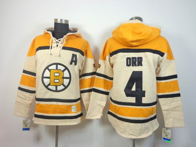 Boston Bruins 4 Bobby Orr beige yellow NHL hooded sweatshirt Boston Bruins 4 Bobby Orr beige yellow NHL hooded sweatshirt