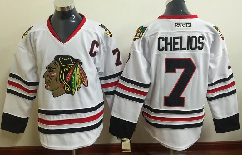 Chicago Blackhawks 7 Chris Chelios CCM white Ice hockey jersey C patch