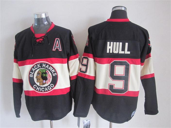 Chicago Blackhawks 9 Bobby Hull  black nhl hockey jersey A patch