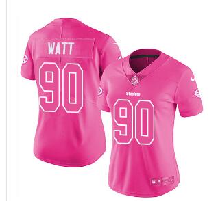 Nike Steelers #90 T. J. Watt Pink Women's Stitched NFL Limited Rush Fashion Jersey