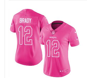 Women's Nike Patriots #12 Tom Brady Pink Stitched NFL Limited Rush Fashion Jersey