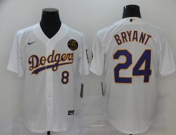 Men's Los Angeles Dodgers #24 Kobe Bryant White With Purple Name KB Patch Stitched MLB Cool Base Nike Jersey Men's Los Angeles Dodgers #24 Kobe Bryant White With Purple Name KB Patch Stitched MLB Cool Base Nike Jersey
