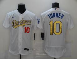 Men's Los Angeles Dodgers #10 Justin Turner White Gold Sttiched Nike MLB Flex Base Jersey