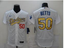 Men's Los Angeles Dodgers #50 Mookie Betts White Gold Sttiched Nike MLB Flex Base Jersey