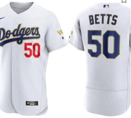 men 50# Mookie Betts Dodgers Gold Series  Jersey White stitched