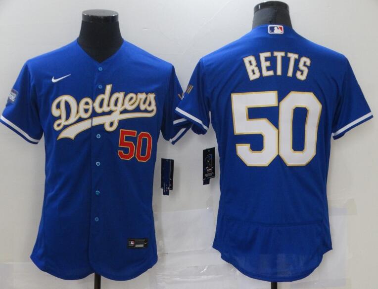 men 50# Mookie Betts Dodgers Gold Series Jersey Blue stitched