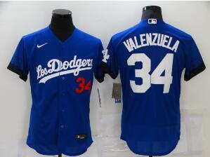 Men's Los Angeles Dodgers #34 Fernando Valenzuela Blue 2021 City Connect Flex Base Stitched Jersey