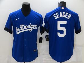 Men's Los Angeles Dodgers #5 Corey Seager Blue 2021 City Connect Cool Base Stitched Jersey