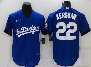 Men's Los Angeles Dodgers #22 Clayton Kershaw Blue 2021 City Connect Cool Base Stitched Jersey
