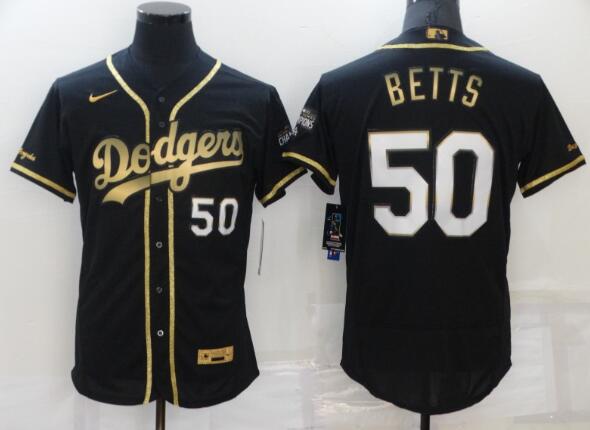 Men's Los Angeles Dodgers #50 Mookie Betts Black 2020 Champions Golden Edition Stitched Flex Base Nike Jersey